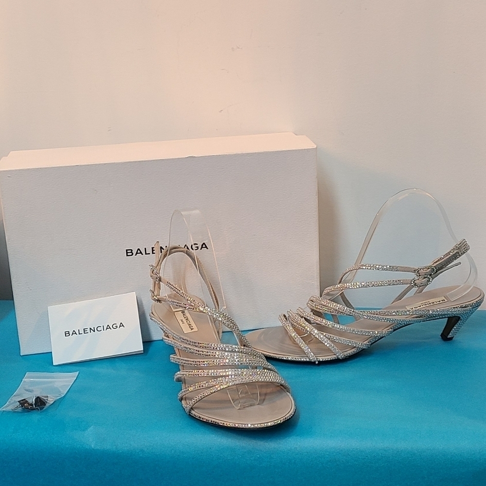 Balenciaga Paris Crystal Embellished Grey Suede Strappy Heel Sandals Size 39